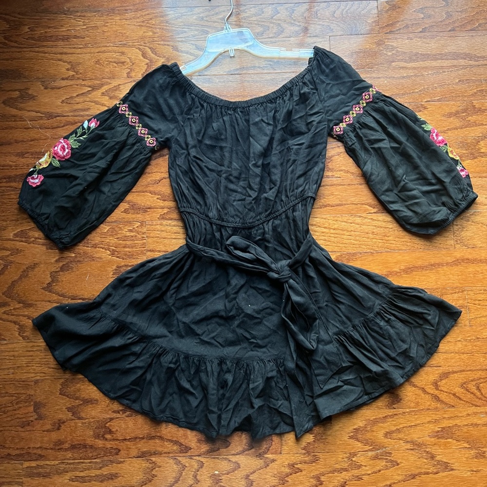 Feathers Black Dress with Pink Floral Sleeves
